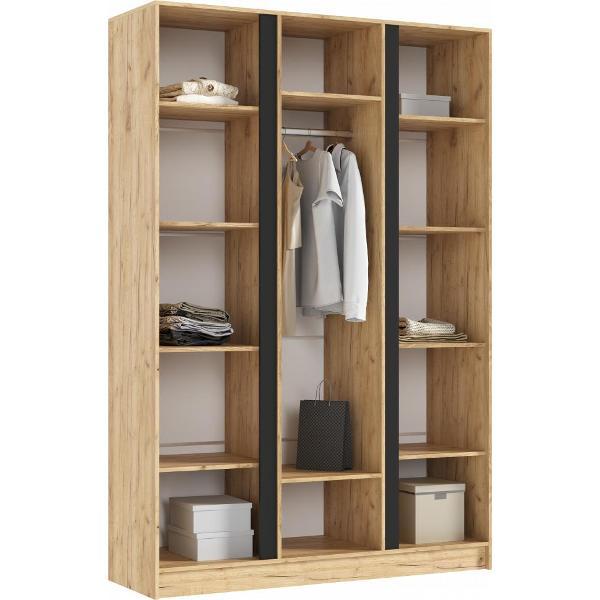 Шкаф распашной МИФ Мебель 3-х створчатый 1500, со штангой для вешалок и полками, Графит/Дуб Крафт