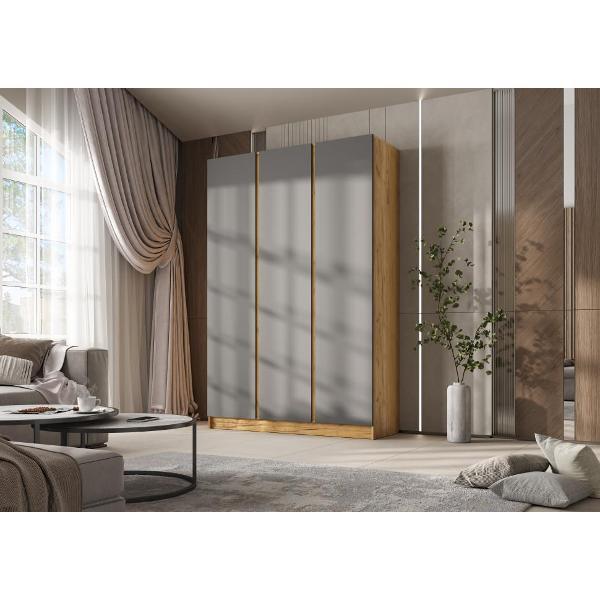 Шкаф распашной МИФ Мебель 3-х створчатый 1500, со штангой для вешалок и полками, Графит/Дуб Крафт