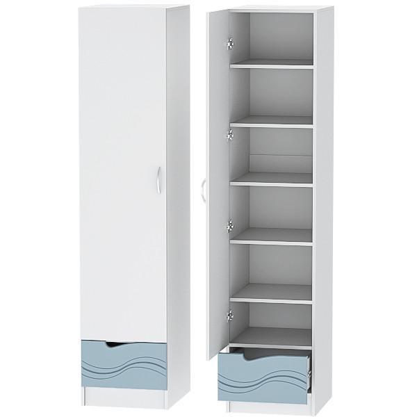 Шкаф распашной Диал Детский Пенал МДФ, с ящиком на роликовых направляющих, Белый/Антарктида (Волна)