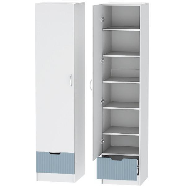 Шкаф распашной Диал Детский Пенал МДФ, с ящиком на роликовых направляющих, Белый/Антарктида (Полосы)