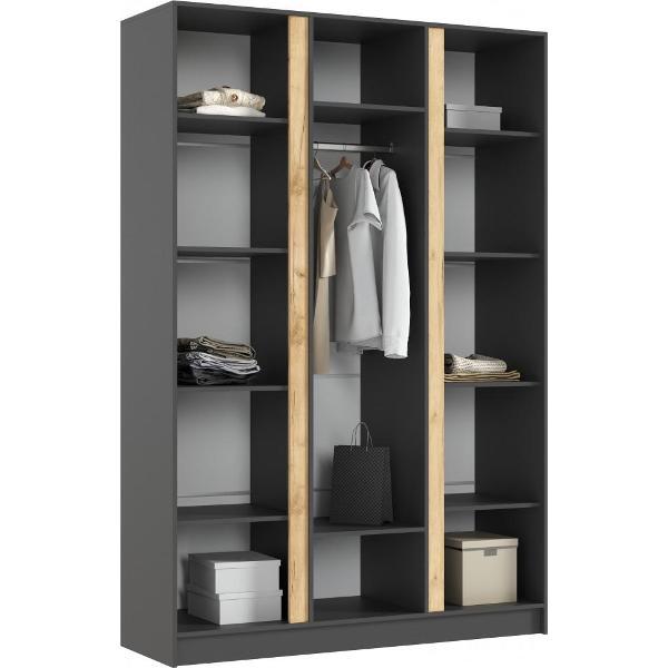 Шкаф распашной МИФ Мебель 3-х створчатый 1500, со штангой для вешалок и полками, Графит/Изумрудный