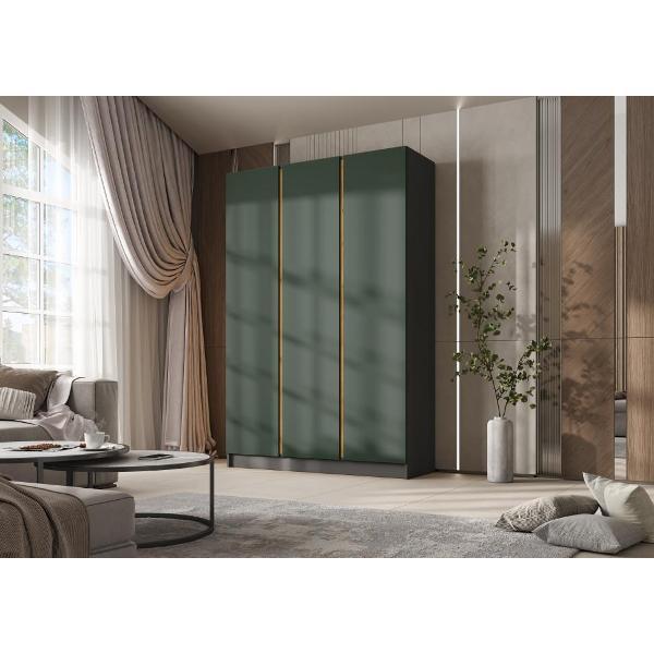 Шкаф распашной МИФ Мебель 3-х створчатый 1500, со штангой для вешалок и полками, Графит/Изумрудный