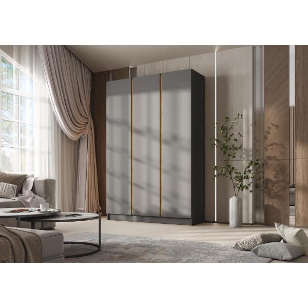 Шкаф распашной МИФ Мебель 3-х створчатый 1500, со штангой для вешалок и полками, Графит/Графит