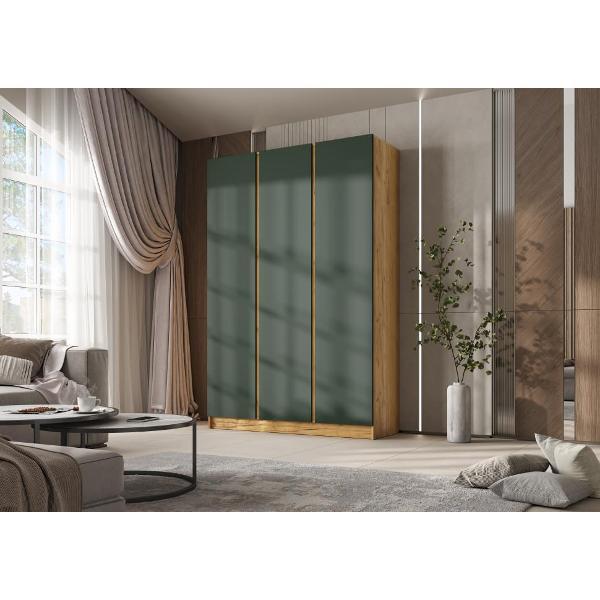 Шкаф распашной МИФ Мебель 3-х створчатый 1500, со штангой для вешалок и полками, Дуб крафт/Изумрудный