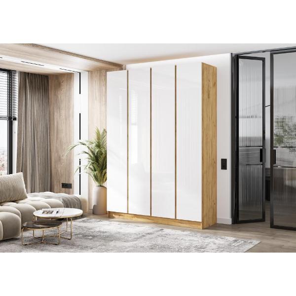 Шкаф распашной МИФ Мебель 4-х створчатый 1600, в современном стиле, белый глянец/дуб крафт