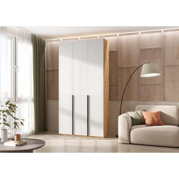 Шкаф распашной МИФ Мебель 3-х створчатый 1200, с фасадами МДФ, Браш Вайт, Дуб Крафт