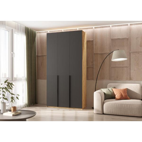 Шкаф распашной МИФ Мебель 3-х створчатый 1200, с доп.ящиками, фасад МДФ, Браш Графит, Дуб Крафт