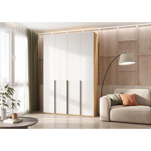 Шкаф распашной МИФ Мебель 4-х створчатый 1600, с фасадами МДФ, Браш Вайт, Дуб Крафт