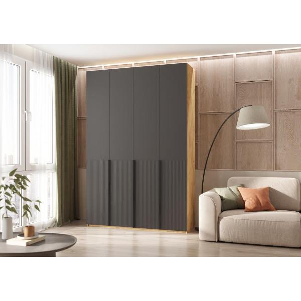 Шкаф распашной МИФ Мебель 4-х створчатый 1600, с доп.ящиками, фасад МДФ, Браш Графит, Дуб Крафт