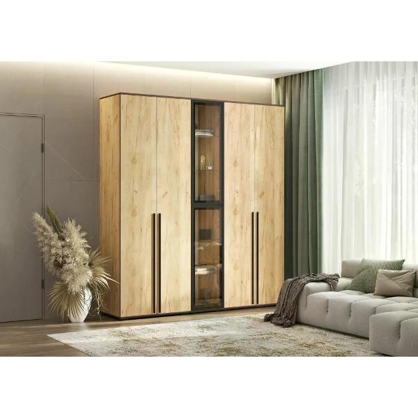 Шкаф распашной МИФ Мебель Комплект из двух двухдверных шкафов и пенала со стеклом, ЛДСП, с подсветкой, крафт