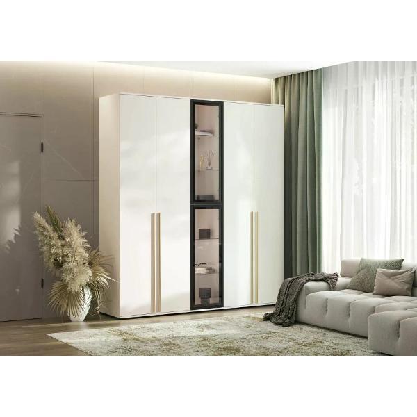 Шкаф распашной МИФ Мебель Комплект из двух двухдверных шкафов и пенала со стеклом, ЛДСП, с подсветкой, кашемир