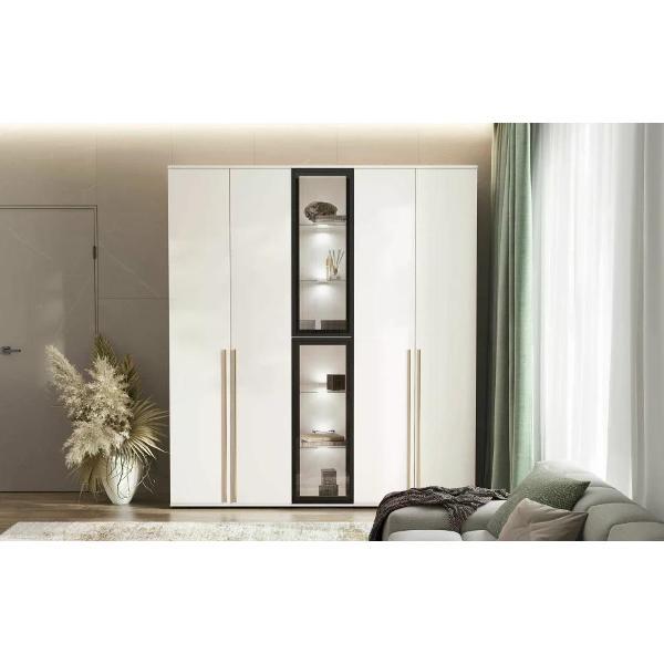 Шкаф распашной МИФ Мебель Комплект из двух двухдверных шкафов и пенала со стеклом, ЛДСП, с подсветкой, кашемир