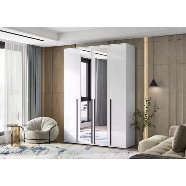 Шкаф распашной МИФ Мебель 4-х створчатый 1600 с 2-мя зеркалами, Белый глянец/Белый