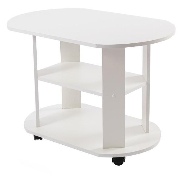 Стол журнальный Frenesie белый на колесиках овальный с полками в гостиную, 84х54х58 см.
