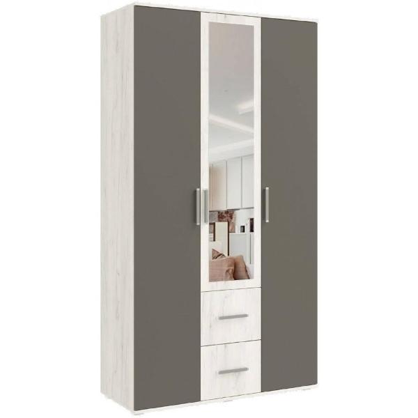 Шкаф распашной МИФ Мебель 3-х створчатый с ящиками с зеркалом, Крафт белый/Графит