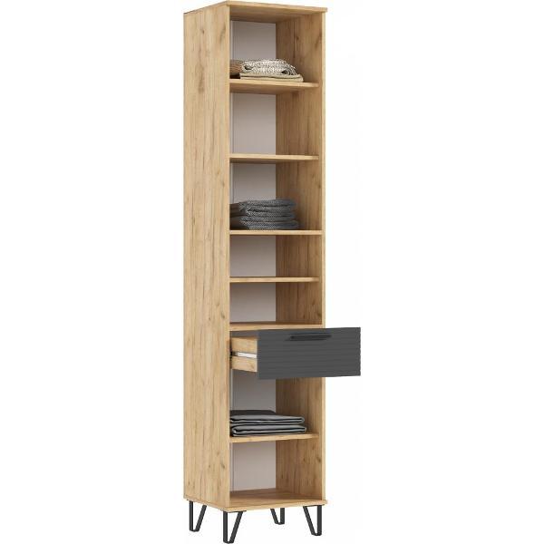 Шкаф распашной МИФ Мебель Пенал открытый для прихожей, современный, с ящиком для хранения, (Браш Графит, Дуб Крафт)