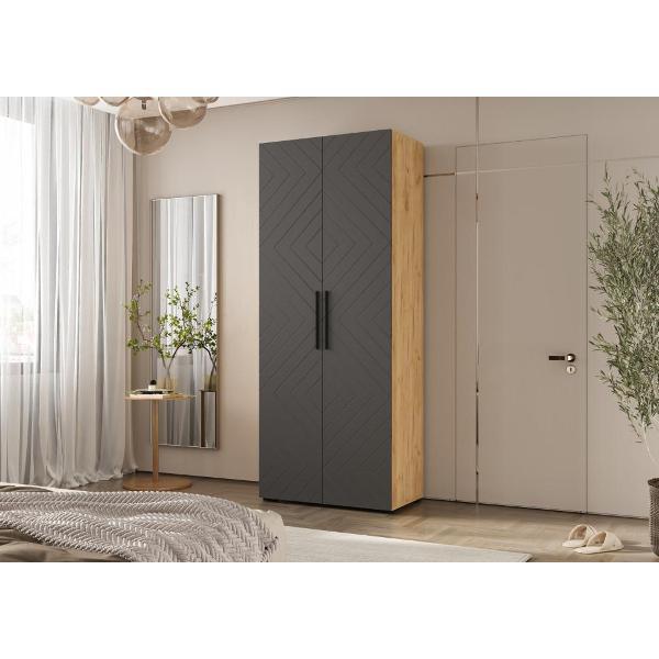 Шкаф распашной МИФ Мебель 2-х ств. 900, с фрезеровкой, современный, браш графит/дуб крафт