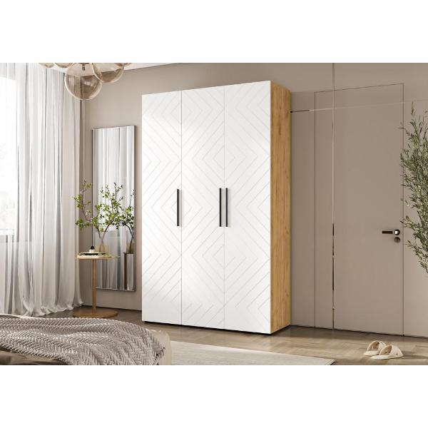 Шкаф распашной МИФ Мебель 3-х ств. 1350, с фрезеровкой, современный, браш вайт/дуб крафт