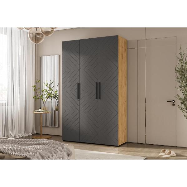 Шкаф распашной МИФ Мебель 3-х ств. 1350, с фрезеровкой, современный, браш графит/дуб крафт