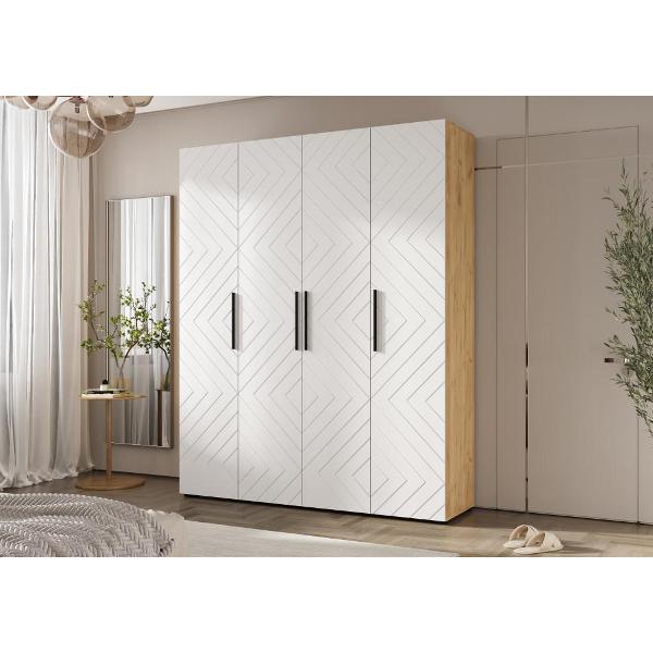 Шкаф распашной МИФ Мебель 4-х ств. 1800, с фрезеровкой, современный, браш вайт/дуб крафт