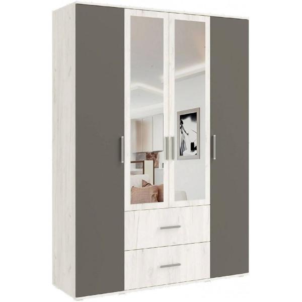 Шкаф распашной МИФ Мебель 4-х створчатый с ящиками с зеркалом, Крафт белый/Графит