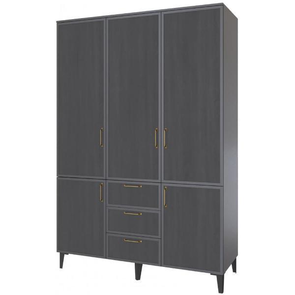 Шкаф распашной Domani 3-х створчатый с 3-мя ящиками и штангой для вешалок, Графит серый