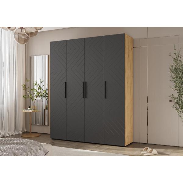 Шкаф распашной МИФ Мебель 4-х ств. 1800, с фрезеровкой, современный, браш графит/дуб крафт