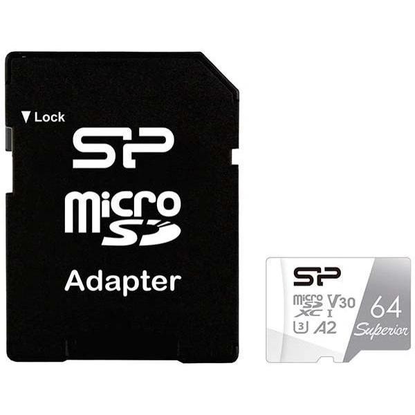 Карта памяти Silicon Power microSDXC UHS-I U3 Superior 64 ГБ, 100 МБ/с, Class 10, SP064GBSTXDA2V20SP, 1 шт., переходник SD
