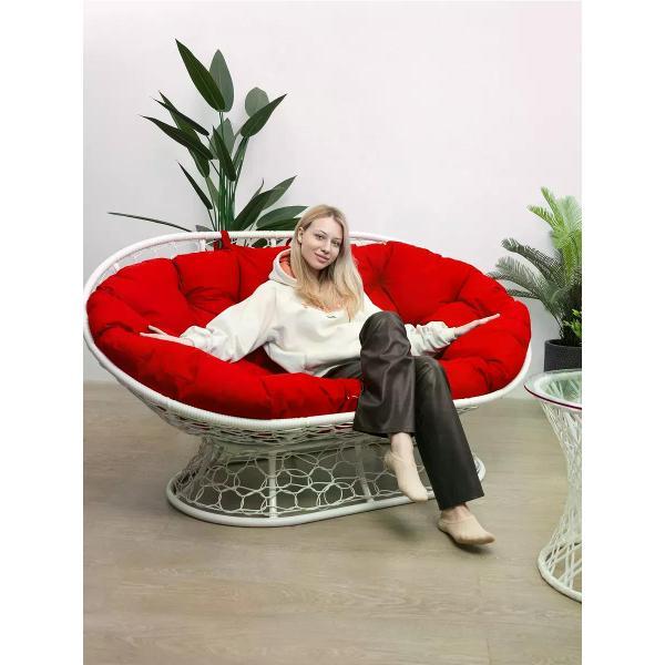 Диван M-Group Диван МАМАСАН с ротангом белое, красная подушка