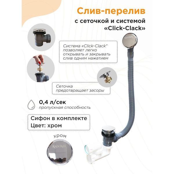 Ванна Radomir Ванна акриловая 165х70 Радомир Виктория лайт на металлическом каркасе, фронтальная панель, слив перелив С СЕТОЧКОЙ