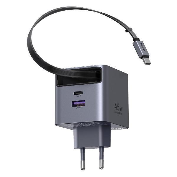 Сетевое зарядное устройство uGreen X614 45W GaN USB-C&A w/Retract.Cable USB-C серое