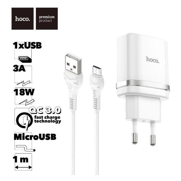 Зарядное устройство для радиотехники Hoco C12Q Smart 1xUSB, 3А, 18W, QC3.0, LED + USB кабель MicroUSB, 1м