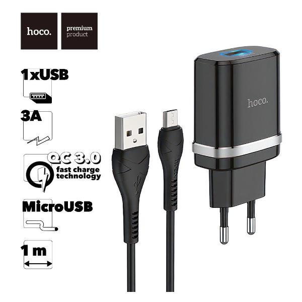Зарядное устройство для радиотехники Hoco C12Q Smart 1xUSB, 3А, 18W, QC3.0, LED + USB кабель MicroUSB, 1м фото