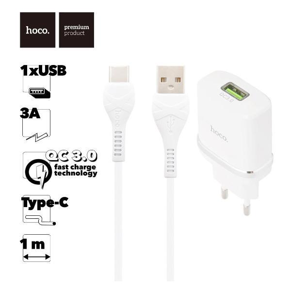 Зарядное устройство для радиотехники Hoco C12Q Smart 1xUSB, 3А, 18W, QC3.0, LED + USB кабель Type-C, 1м фото
