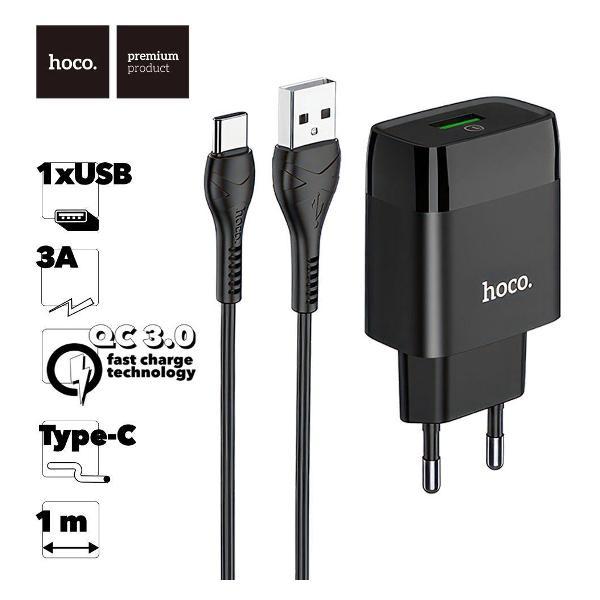 Зарядное устройство для радиотехники Hoco C72Q Glorious 1xUSB, 3А, 18W, QC3.0 + USB кабель Type-C, 1м фото