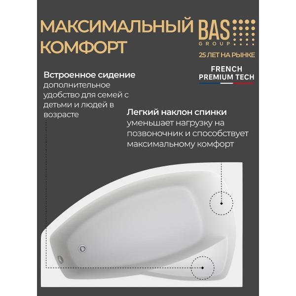 Ванна акриловая BAS 170х105 Генуя PRO левая, с каркасом