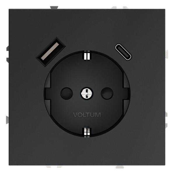 Розетка электрическая Voltum Розетка встраиваемая VLS040507 VOLTUM S70 с заземлением и защитными шторками, 16А, с USB, A+С, (графит)