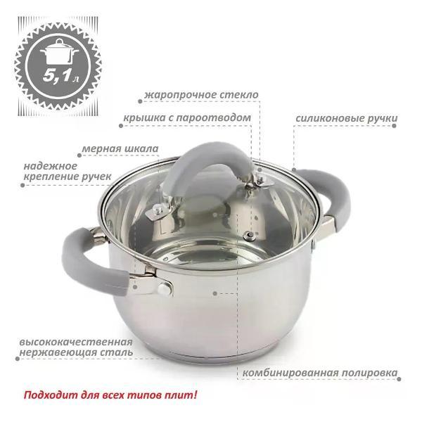 Кастрюля Эко-Поставка 5,1 л с крышкой и силиконовыми ручками