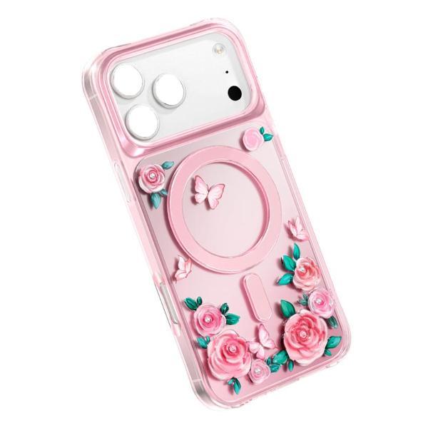 Чехол для смартфона, телефона Keephone Apple iPhone 17 Pro Max RoseLand MagSafe Австрийские кристаллы и 3D-роза, Магниты N52 покрытие IML Розовый фото