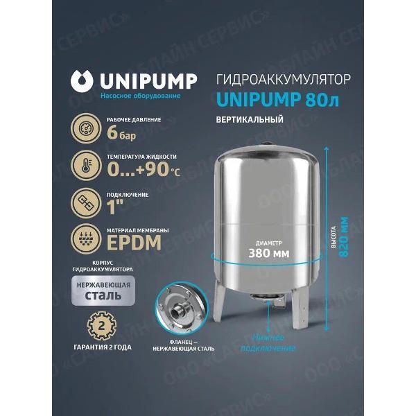 Гидроаккумулятор Unipump Гидроаккумулятор 80 л вертикальный, нержавеющая сталь