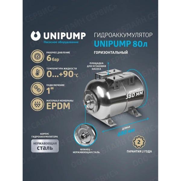 Гидроаккумулятор Unipump Гидроаккумулятор UNIPUMP 80 л горизонтальный, нержавеющая сталь