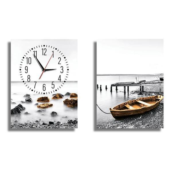 Картины - часы настенные на холсте LOFTime 2 шт Камни лодка чб Ч-647-3040