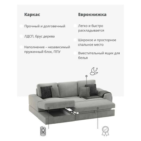 Диван mebelroom Угловой диван, независимый пружинный блок, механизм дельфин с ящиком для хранения, 260х165х75см