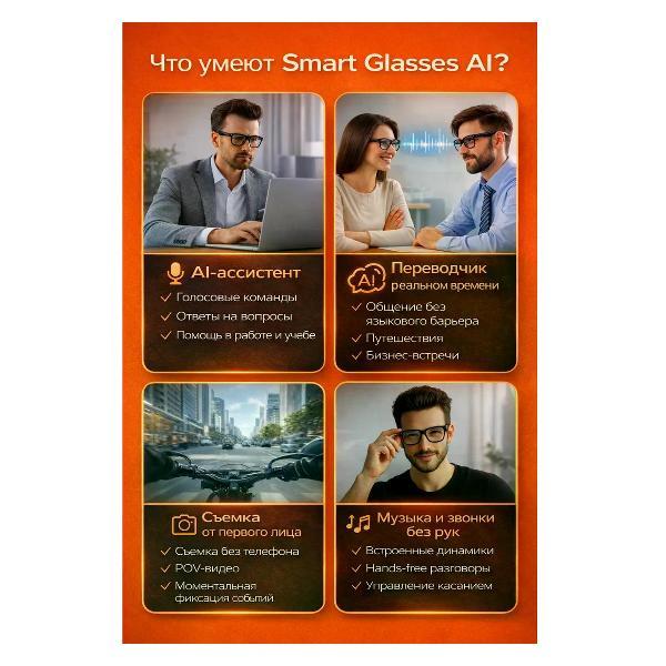 Умные очки c камерой Smart 32GB, голосовым управлением, Wi-FI 5 ГГЦ, Bluetooth 5.4