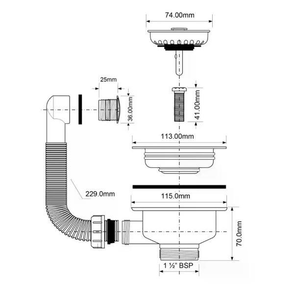Сифон, отвод, гофра McALPINE Выпуск для мойки 3 1/2" с решеткой 113 мм круглый перелив