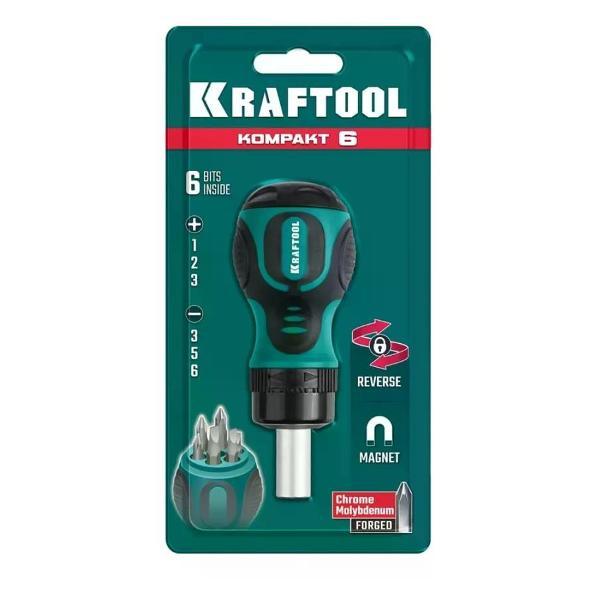 Отвертка Kraftool Отвертка реверсивная с набором бит 6 шт фото