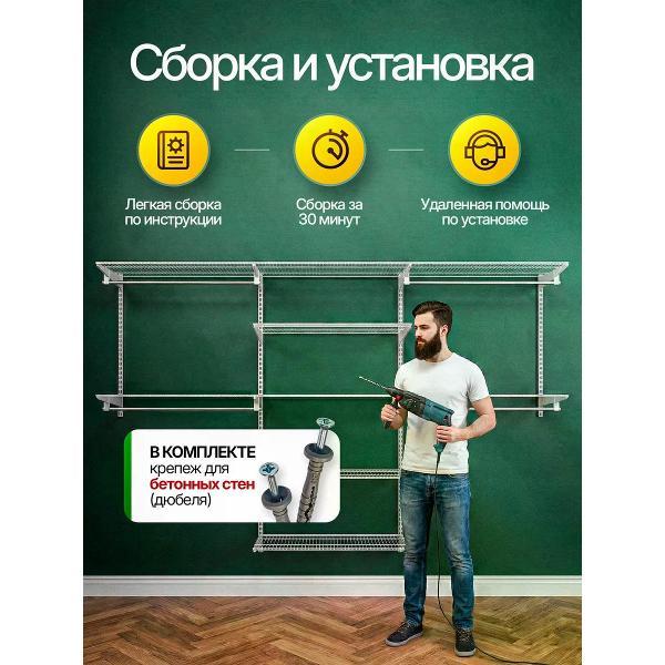 Гардеробная система Невилон NV-350 металлическая черный для хранения вещей и одежды настенная открытая модульная с сетчатыми полками и перекладиной для квартиры, прихожей, коридора, детской, кладовки, шкафа, ванной, балкона, дома и дачи