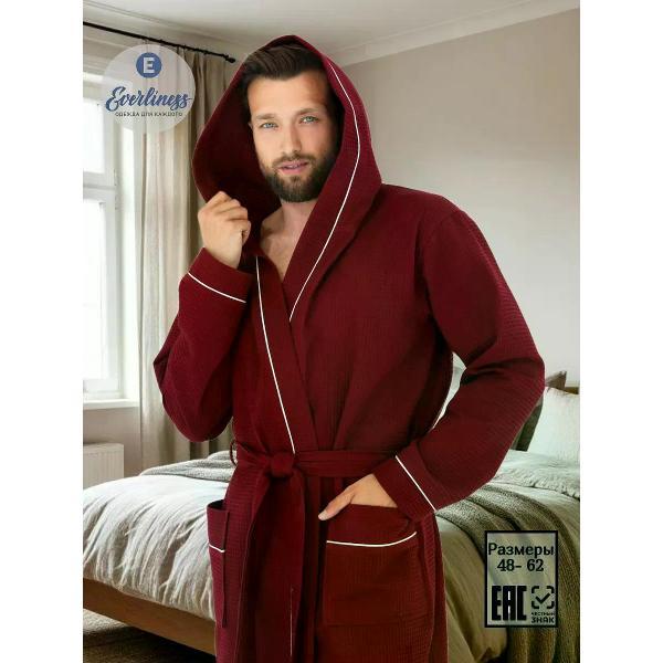 Халат банный для мужчин Everliness Халат вафельный, с капюшоном , размер 52