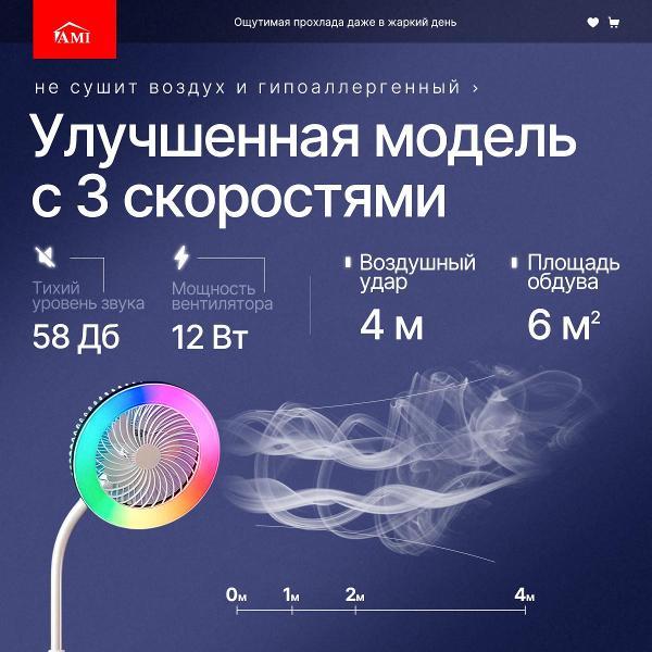 Вентилятор напольный Ami Lumu белый с пультом для дома торшер с подсветкой