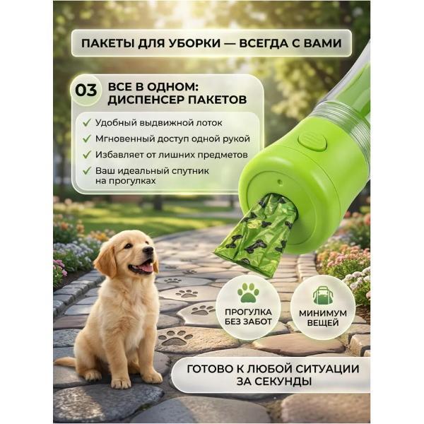 Поилка для животных Mendes Бутылка-поилка для собак 3 в 1 зеленая bp0101